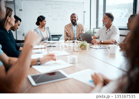 Business people, diversity and meeting in planning for strategy, brainstorming or sharing ideas at office. Group of employees in team discussion, collaboration or plan in conference at the workplace 135167535