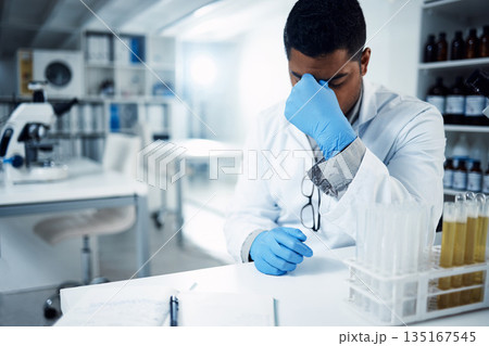 Science, stress and man scientist with headache in a laboratory, frustrated and crisis. Healthcare, male and experiment fail with anxiety migraine by health expert with forensic mistake in a lab Science, stress and man scientist with headache in a laboratory, frustrated and crisis. Healthcare, male and experiment fail with anxiety migraine by health expert with forensic mistake in a lab 135167545