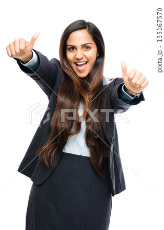 Portrait, thumbs up and an indian business woman in studio isolated on a white background for motivation or support. Thank you, winner and yes with a happy young female employee showing a like emoji Portrait, thumbs up and an indian business woman in studio isolated on a white background for motivation or support. Thank you, winner and yes with a happy young female employee showing a like emoji 135167570