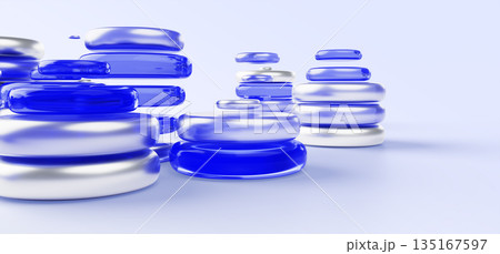 Abstract coin stacks of blue glass and silver metal on pastel 3d background. Geometric circle shapes, money cash in various piles. Concept of fintech, finance, investment and savings. 3D illustration Abstract coin stacks of blue glass and silver metal on pastel 3d background. Geometric circle shapes, money cash in various piles. Concept of fintech, finance, investment and savings. 3D illustration 135167597