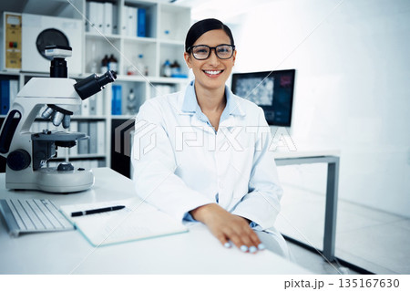 Science, laboratory and portrait of woman with notebook for medical research, analysis and writing notes. Healthcare, biotechnology and female scientist with microscope for study, sample and test 135167630