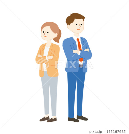 腕組みして背中あわせに立つ信頼関係のある男女のビジネスイラスト 135167685