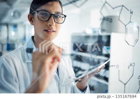 Woman with tablet, scientist and glass board, formula and equation with problem solving and scientific study in lab. Female doctor writing, chemistry and science innovation with medical research 135167694