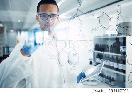 Science, tablet and man with chemistry formula for medical research, equation and solution. Healthcare, pharmaceutical and male scientist at glass, writing and brainstorming in chemical laboratory 135167706