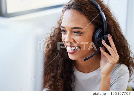 Call center, consulting and listening with woman in office for telemarketing, customer service and ecommerce help desk. Advisory, sales and contact us with female consultant for crm agent and online 135167707