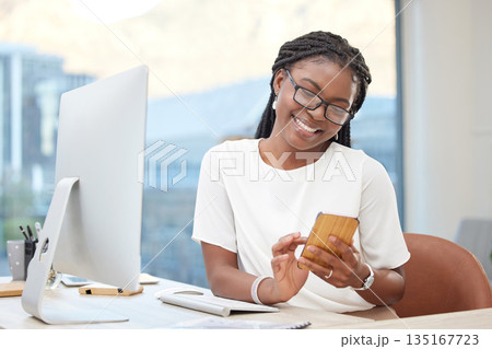 Phone, happy and business black woman in office online for social media, internet and networking. Professional, corporate and female person typing on smartphone for website, mobile app and contact 135167723