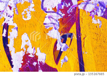 Peeling Abstract Wall Texture in Yellow, Purple, White Colors with Grunge Style for 90s, Y2K Urban Aesthetic 135167885
