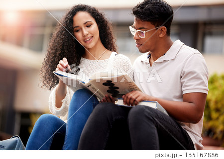 Reading, university and man and woman study with book on campus for learning, knowledge and studying. Education, friends and male and female students with textbook for information, project or college 135167886