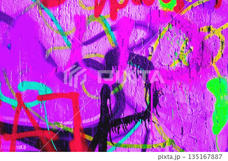 Abstract Graffiti Wall with Neon Pink, Red, Green, Black Spray Paint for 90s, Y2K Street Art Style 135167887
