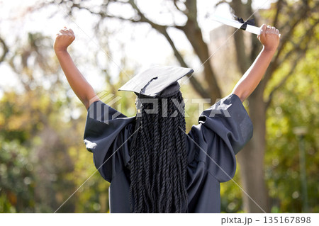 Back, celebration and black woman outdoor, graduation and diploma with success, certificate and university. Female person, graduate and girl outside, event and degree with scholarship and achievement Back, celebration and black woman outdoor, graduation and diploma with success, certificate and university. Female person, graduate and girl outside, event and degree with scholarship and achievement 135167898