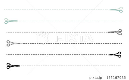 ハサミアイコン付き装飾ラインセット　切り取り用区切り線イラスト 135167986