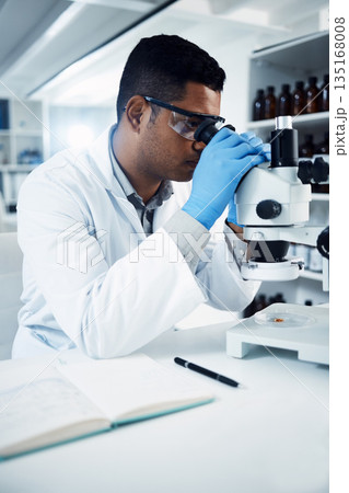 Man, scientist and microscope, analysis in laboratory and check DNA sample with science experiment. Male doctor analyze data in lab, scientific innovation for development and medical research Man, scientist and microscope, analysis in laboratory and check DNA sample with science experiment. Male doctor analyze data in lab, scientific innovation for development and medical research 135168008