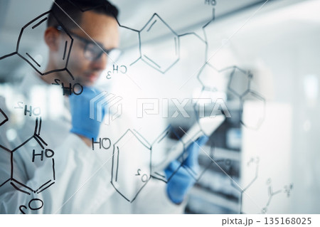 Science, tablet and man with medical formula for chemistry research, equation and solution. Healthcare, pharmaceutical and male scientist brainstorming ideas for medicine development in laboratory Science, tablet and man with medical formula for chemistry research, equation and solution. Healthcare, pharmaceutical and male scientist brainstorming ideas for medicine development in laboratory 135168025