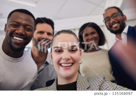 Group, business people and selfie in office portrait with smile, happiness and social media app with diversity. Men, woman and photography in workplace for teamwork, profile picture and solidarity 135168097