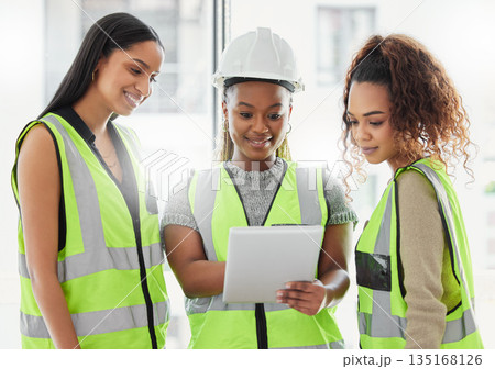 Architecture, tablet and people planning, teamwork and building development design or project management. Engineering, digital blueprint and african women or contractor group for paperless floor plan Architecture, tablet and people planning, teamwork and building development design or project management. Engineering, digital blueprint and african women or contractor group for paperless floor plan 135168126