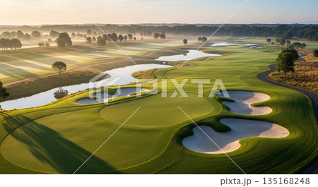 A cinematic 4K aerial shot of a luxury golf course, captured early in the morning 135168248