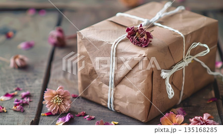 クラフト紙で包まれたナチュラルギフトボックス クラフト紙で包まれたナチュラルギフトボックス 135168285