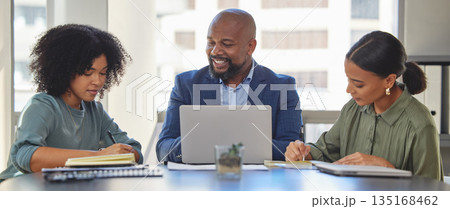 Business people in meeting, collaboration with laptop and notebook for notes, ideas and project strategy in workplace. Diversity, corporate team and productivity with man and women planning agenda 135168462
