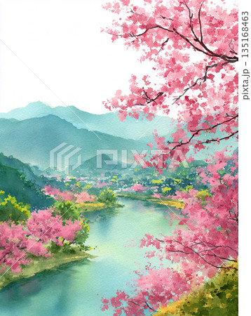 川にかかる桜の風景　AI画像 135168463