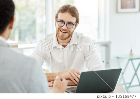 Interview, meeting and business people discussion, planning and startup advice, b2b collaboration or web design consulting. Laptop, website proposal and happy professional man with partner in office 135168477