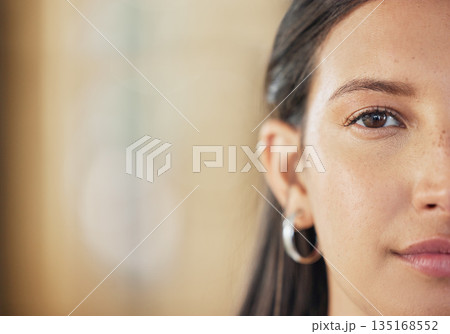 Half face, mockup and portrait of a woman with clean, glow and healthy skin in a studio. Beauty, natural and closeup zoom of female model by background with mock up space for advertising or marketing 135168552