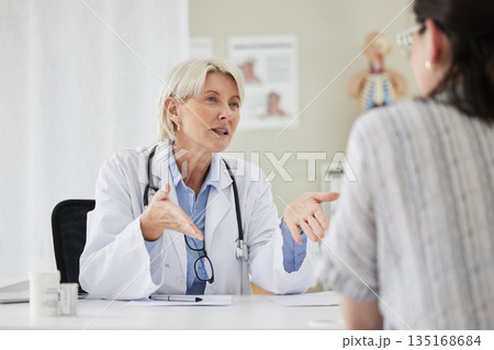Senior, doctor and patient for consultation at the clinic about health condition and wellness. Medical, professional and women with communication at hospital in the office about medicine and surgery. Senior, doctor and patient for consultation at the clinic about health condition and wellness. Medical, professional and women with communication at hospital in the office about medicine and surgery. 135168684
