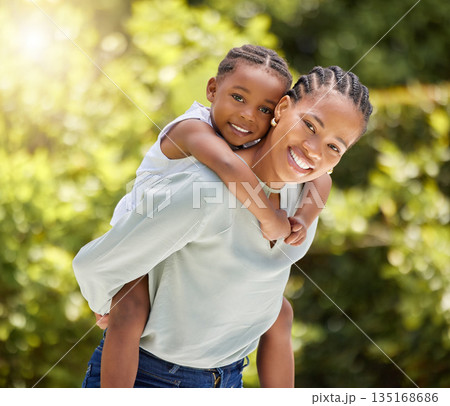 Piggyback, african mother and daughter in garden portrait with smile, game or happiness with love in summer sunshine. Black woman, mom and girl with hug, happy and outdoor together in park on holiday 135168686