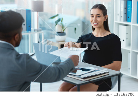 Business meeting, hiring and resume of a corporate woman with hr and communication in office. Paperwork, interview and outsourcing in a company with professional opportunity and cv document review 135168700