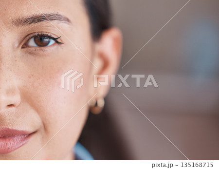 Business woman, face and closeup of a professional headshot with vision and mockup. Workforce, young worker and female person from France in a office with a smile and happiness from creative job Business woman, face and closeup of a professional headshot with vision and mockup. Workforce, young worker and female person from France in a office with a smile and happiness from creative job 135168715