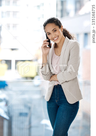 Phone call, smile and portrait of business woman in office for networking, happy and conversation. Communication app, contact and technology with employee by window for connection and entrepreneur Phone call, smile and portrait of business woman in office for networking, happy and conversation. Communication app, contact and technology with employee by window for connection and entrepreneur 135168735