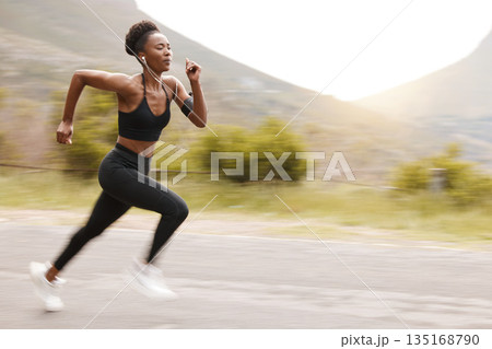Athlete, speed and fast black woman running and training for outdoor sports, workout and exercise for a marathon. Strong, wellness and healthy fitness person or female runner with speed for health 135168790