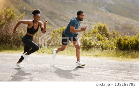 Fitness, training and black couple running, outdoor and cardio with endurance health and wellness. Runners, man and woman in the street, run or progress with speed, cardio and marathon with a target 135168793