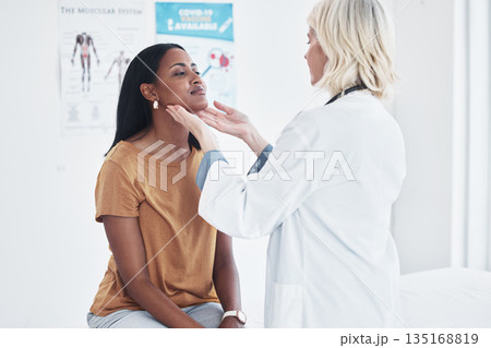 Consulting, medical and woman with doctor in hospital for sick, thyroid cancer or test. Healthcare, medicine and virus with physician and checking throat of patient in clinic for emergency and injury Consulting, medical and woman with doctor in hospital for sick, thyroid cancer or test. Healthcare, medicine and virus with physician and checking throat of patient in clinic for emergency and injury 135168819