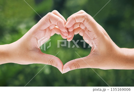 Hands, heart and emoji with eco friendly friends outdoor together in summer for love or solidarity. Social media, icon and hand gesture with people outside in nature for sustainability or bonding 135169006