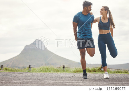 Stretching legs, run warmup and couple of friends in the mountain for outdoor exercise. Training, balance and young people smile with leg stretch for fitness, sports and workout on road with mockup Stretching legs, run warmup and couple of friends in the mountain for outdoor exercise. Training, balance and young people smile with leg stretch for fitness, sports and workout on road with mockup 135169075