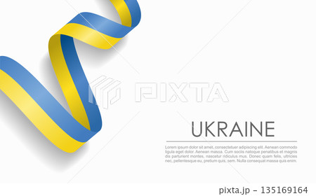 Ukrainian flag wavy ribbon, ideal for patriotic or cultural design themes. Vector illustration. 135169164