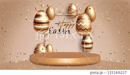 Round stage and golden Easter eggs on white 135169227