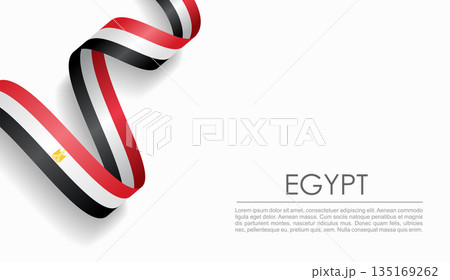 Egyptian flag wavy ribbon, ideal for patriotic or cultural design themes. Vector illustration. 135169262