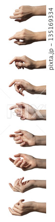 Collection of human hand positions with extended index finger shown in eight sequential stages 135169334