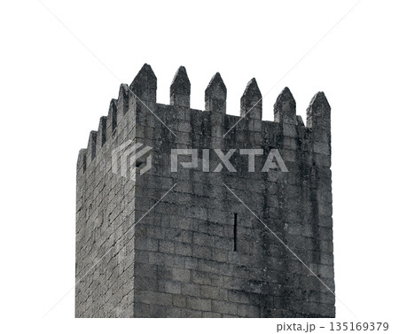 Mediaeval battlement fortress with stone tower. Ancient castle wall and turret stronghold, gothic 135169379