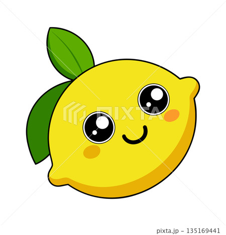 Cute cartoon lemon with leaves and adorable smiling face illustration 135169441