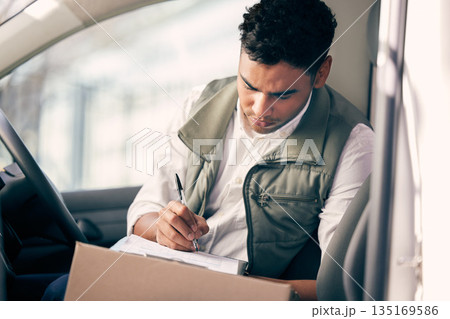 Delivery man, box and working with a checklist in the van, courier service or employee shipping ecommerce package. Person, stock supplier or writing with clipboard, list and logistics of products Delivery man, box and working with a checklist in the van, courier service or employee shipping ecommerce package. Person, stock supplier or writing with clipboard, list and logistics of products 135169586