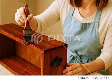 DIYで木箱に茶色のニスを刷毛で塗っている人 DIYで木箱に茶色のニスを刷毛で塗っている人 135169612