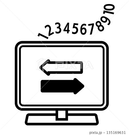 データ処理のアイコン 矢印の表示されたパソコンと流れる数字 データ処理のアイコン 矢印の表示されたパソコンと流れる数字 135169631