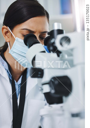 Science, laboratory and woman with microscope for medical analysis, research and lab test. Healthcare, biotechnology and female scientists with equipment for sample, experiment and examine virus Science, laboratory and woman with microscope for medical analysis, research and lab test. Healthcare, biotechnology and female scientists with equipment for sample, experiment and examine virus 135170023