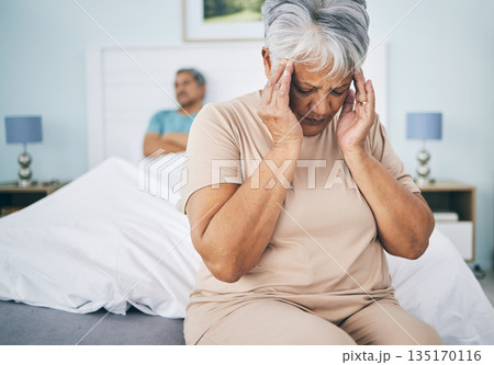 Senior couple, bedroom and fight with a headache, retirement and relationship issue with pain, home and argument. Partners, mature man and elderly woman with a migraine, bed and angry with fatigue Senior couple, bedroom and fight with a headache, retirement and relationship issue with pain, home and argument. Partners, mature man and elderly woman with a migraine, bed and angry with fatigue 135170116