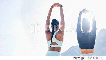 Stretching, space and friends with women at beach for running, yoga and workout. Relax, health and wellness with female runner and warm up in nature for training, teamwork and performance on mockup Stretching, space and friends with women at beach for running, yoga and workout. Relax, health and wellness with female runner and warm up in nature for training, teamwork and performance on mockup 135170165