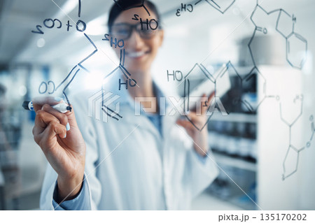Science, formula and woman writing chemistry equation for medical research, analysis and solution. Healthcare, pharmaceutical and happy female scientist with tablet write on glass wall in laboratory Science, formula and woman writing chemistry equation for medical research, analysis and solution. Healthcare, pharmaceutical and happy female scientist with tablet write on glass wall in laboratory 135170202