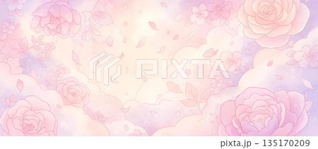 パステルピンクの花と雲の背景イラスト　メルヘンでかわいいパステルカラーの壁紙 135170209