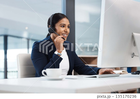 Call center, woman and talking at computer in office for customer service, tech support and sales consulting. Happy female agent, telemarketing and communication at desktop for telecom, CRM or advice Call center, woman and talking at computer in office for customer service, tech support and sales consulting. Happy female agent, telemarketing and communication at desktop for telecom, CRM or advice 135170236